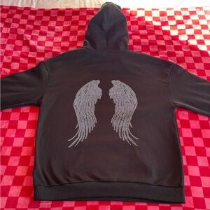 Black Hoodie with Bedazzled Silver Angel Wings